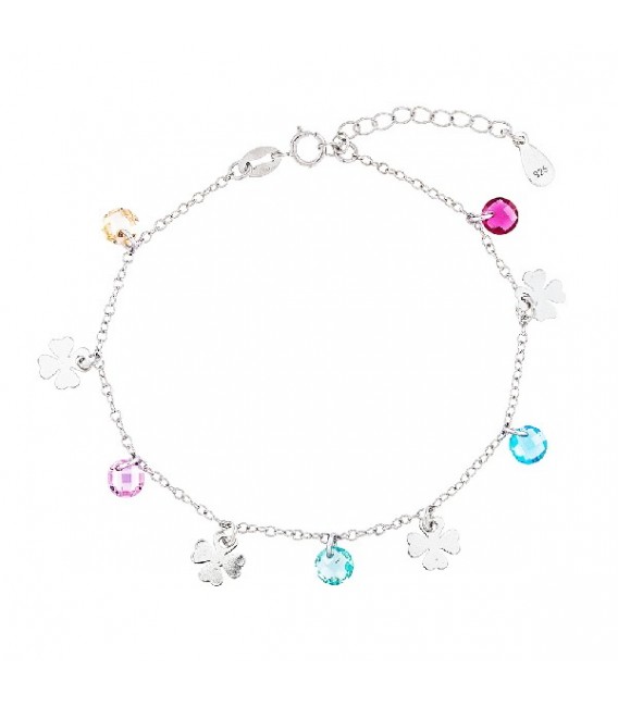 PULSERA CON 4 TREBOLES+5 CIRCONITAS MULTICOLOR COLGANDO RODIO - PU4878R