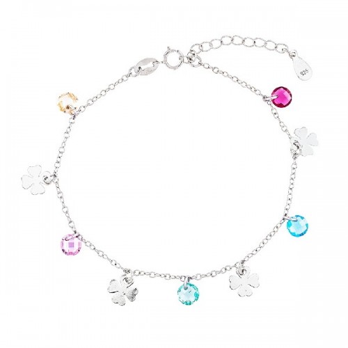 PULSERA CON 4 TREBOLES+5 CIRCONITAS MULTICOLOR COLGANDO RODIO - PU4878R