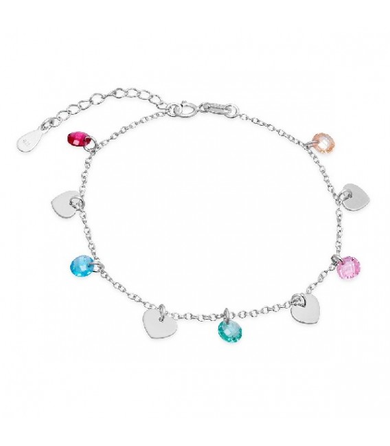 PULSERA CON 4 CORAZONES+5 CIRCONITAS MULTICOLOR COLGANDO RODIO - PU4879R