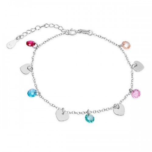 PULSERA CON 4 CORAZONES+5 CIRCONITAS MULTICOLOR COLGANDO RODIO - PU4879R